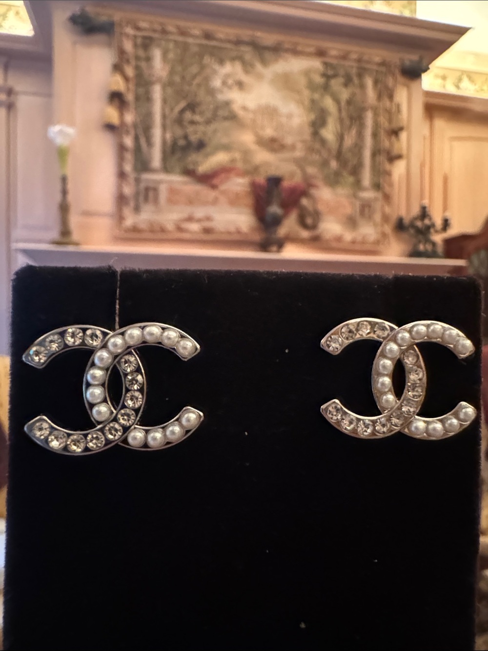 Earrings  Stud Earrings in Silver tone pearls and crystals signed in back